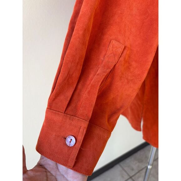 basic editions 90s faux suede burnt orange button front long sleeve shirt - Picture 5 of 6